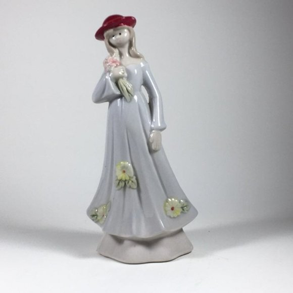 Vintage Ceramic Figurine Woman In Red Hat Holding Flowers 7" Tall Floral Details - Picture 3 of 8